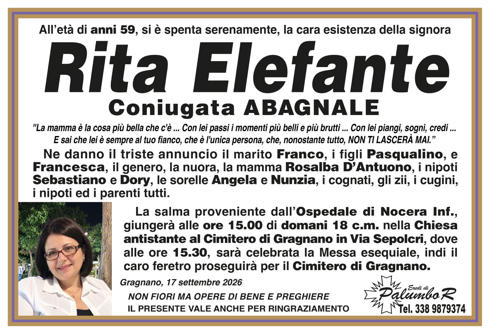 Manifesto funebre di Rita Elefante