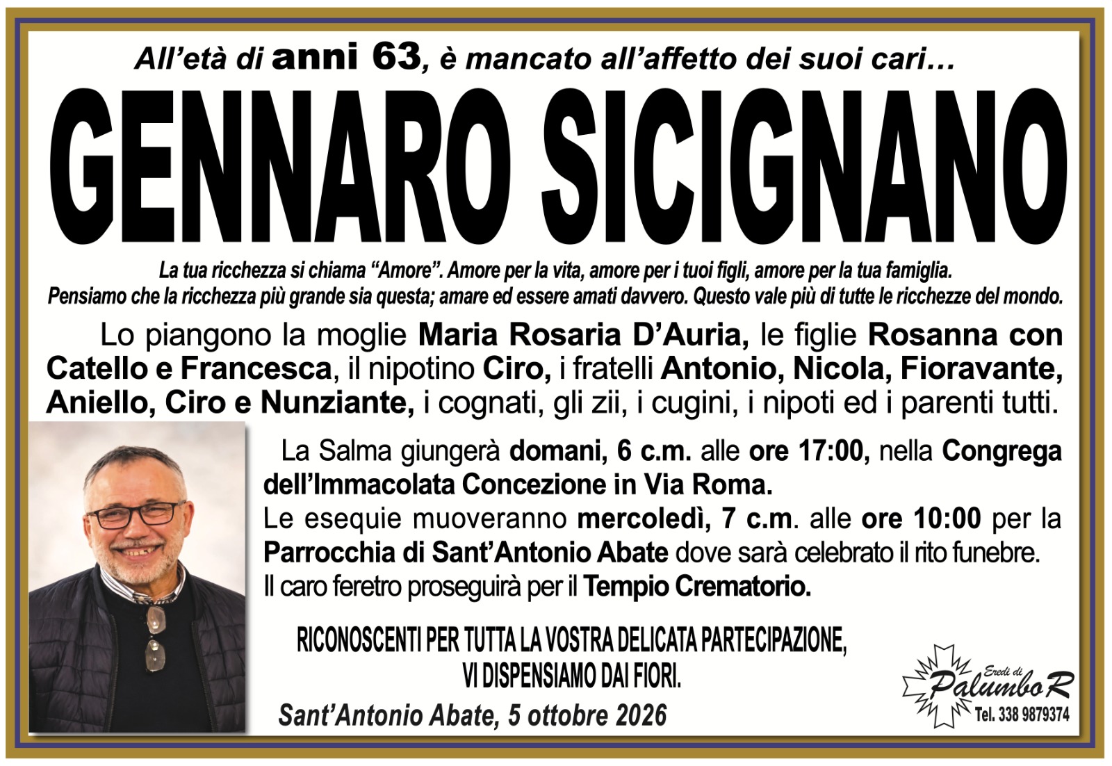 Manifesto funebre di Gennaro Sicignano